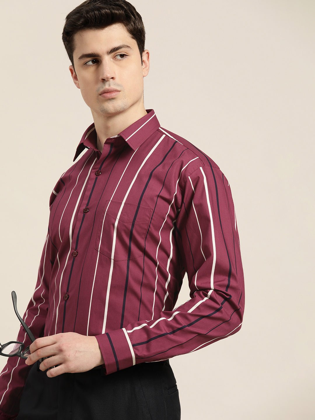 Men Burgundy Stripes Pure Cotton Slim fit Formal Shirt - #folk republic#