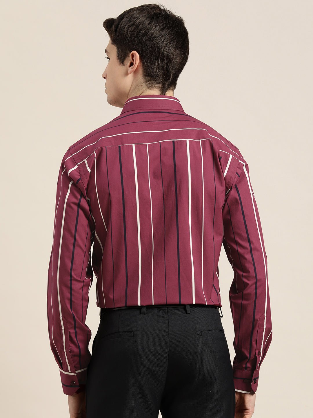 Men Burgundy Stripes Pure Cotton Slim fit Formal Shirt - #folk republic#