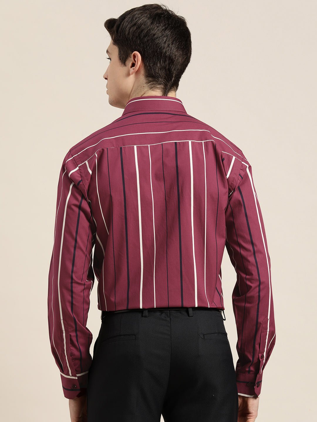 Men Burgundy Stripes Pure Cotton Slim fit Formal Shirt - #folk republic#