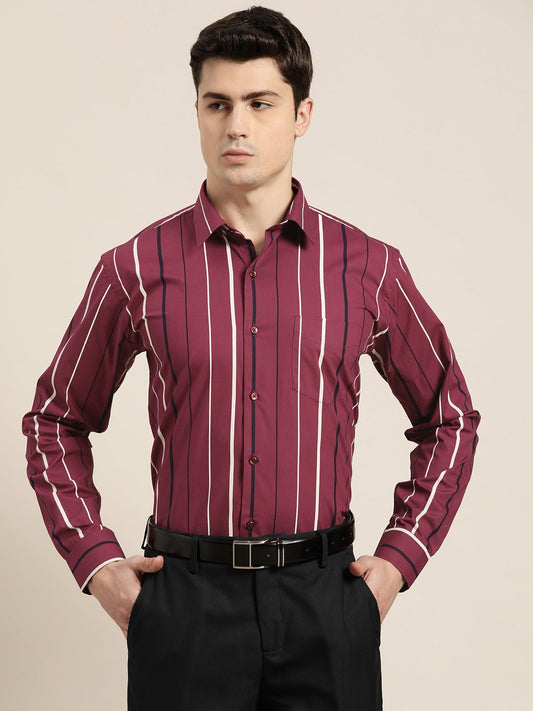 Men Burgundy Stripes Pure Cotton Slim fit Formal Shirt - #folk republic#