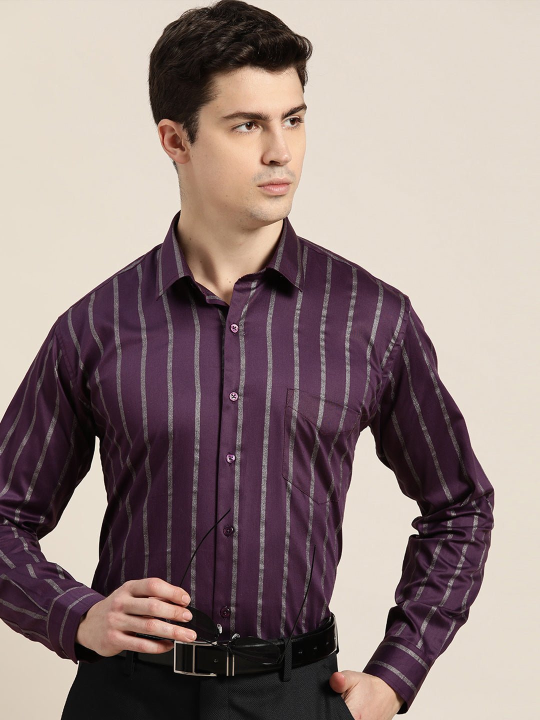 Men Burgundy Stripes Pure Cotton Slim fit Party Shirt - #folk republic#