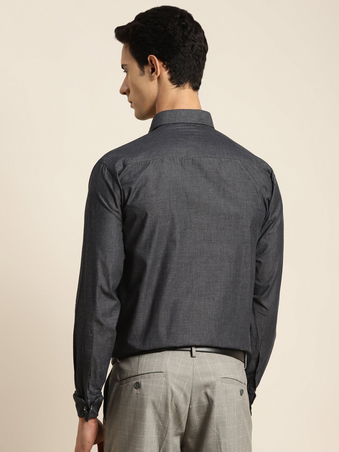 Men Charcoal Grey Chambray Pure Cotton French Cuff Regular Fit Formal Shirt - #folk republic#