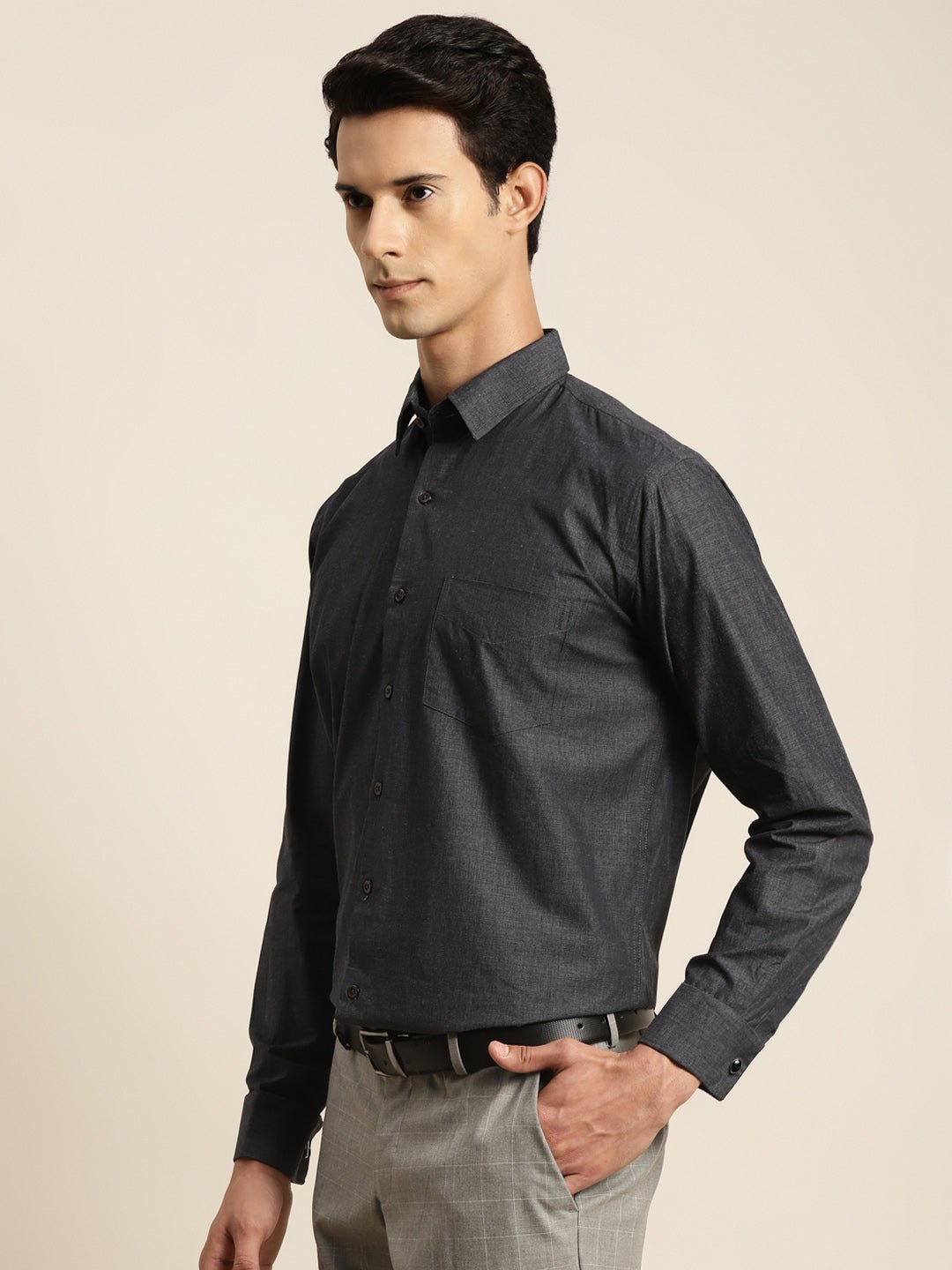 Men Charcoal Grey Chambray Pure Cotton French Cuff Regular Fit Formal Shirt - #folk republic#