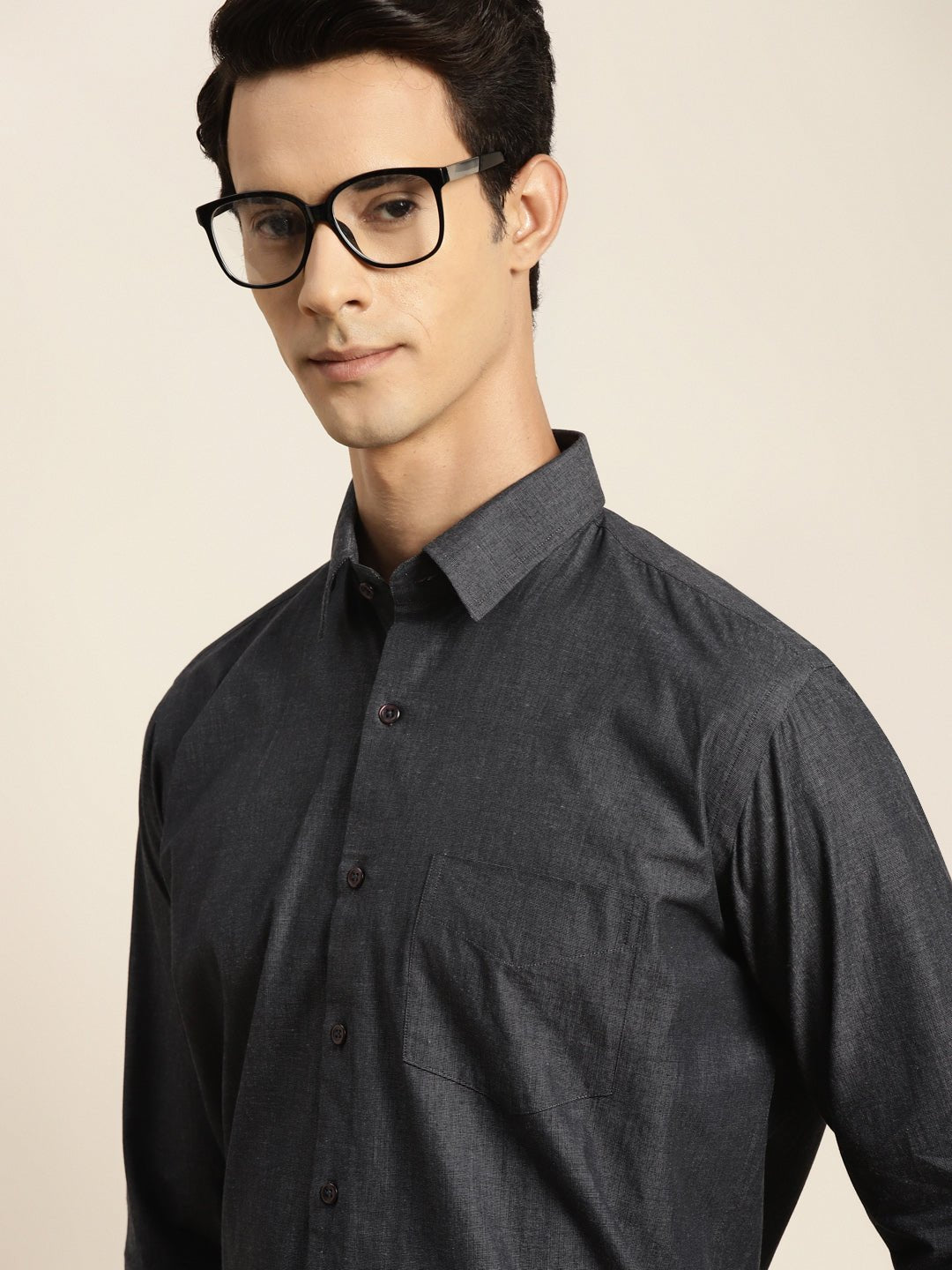 Men Charcoal Grey Chambray Pure Cotton French Cuff Regular Fit Formal Shirt - #folk republic#