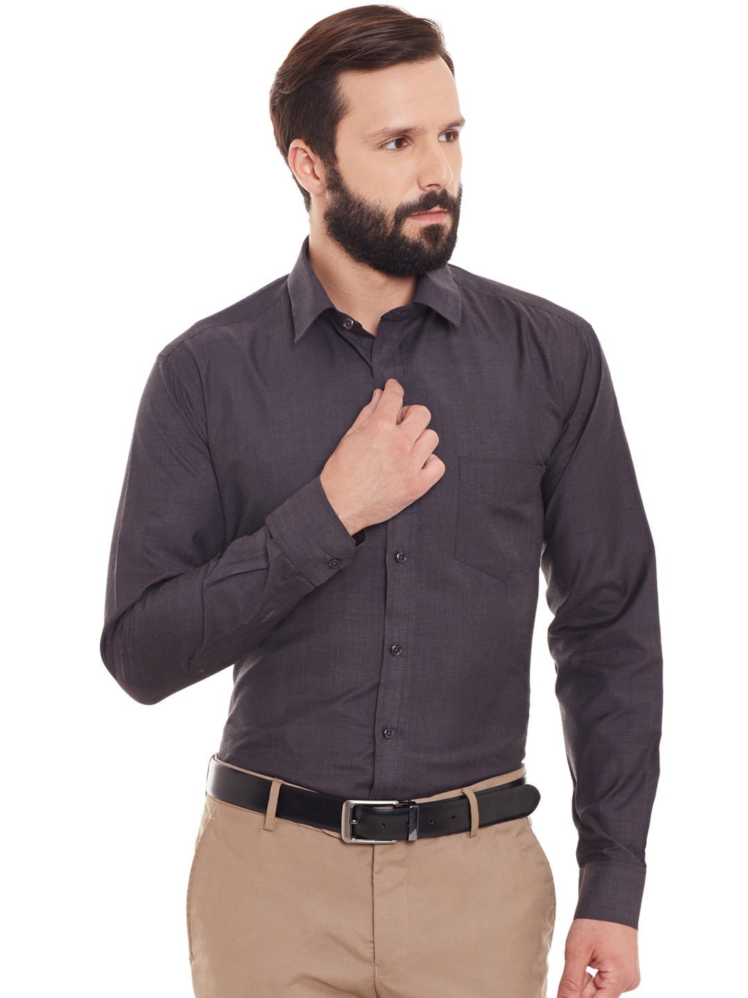 Men Charcoal Grey Solid Chambray Slim Fit Formal Shirt - #folk republic#