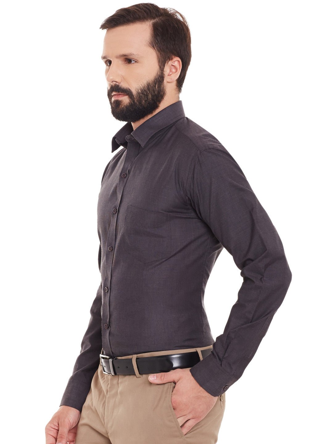 Men Charcoal Grey Solid Chambray Slim Fit Formal Shirt - #folk republic#