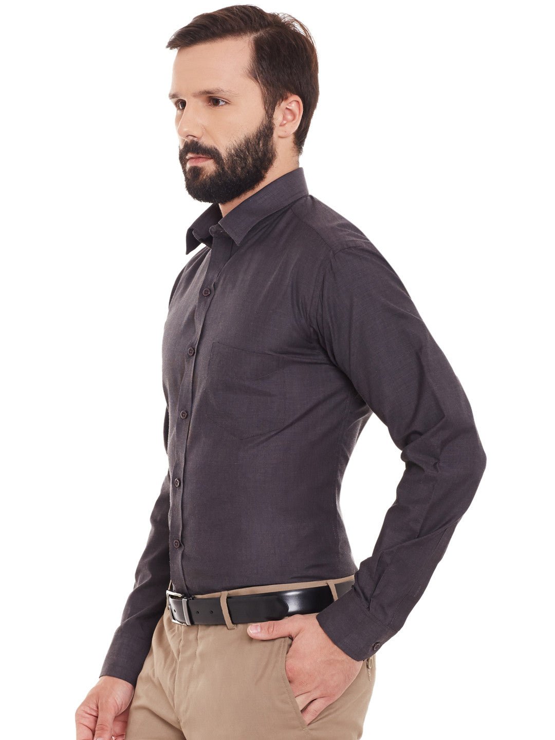 Men Charcoal Grey Solid Chambray Slim Fit Formal Shirt - #folk republic#