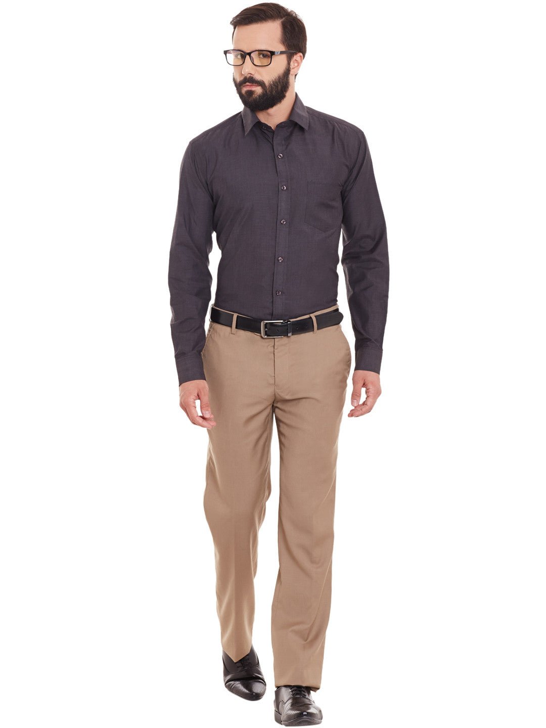 Men Charcoal Grey Solid Chambray Slim Fit Formal Shirt - #folk republic#