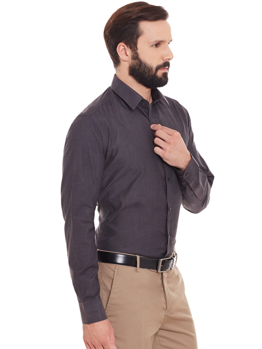 Men Charcoal Grey Solid Chambray Slim Fit Formal Shirt - #folk republic#