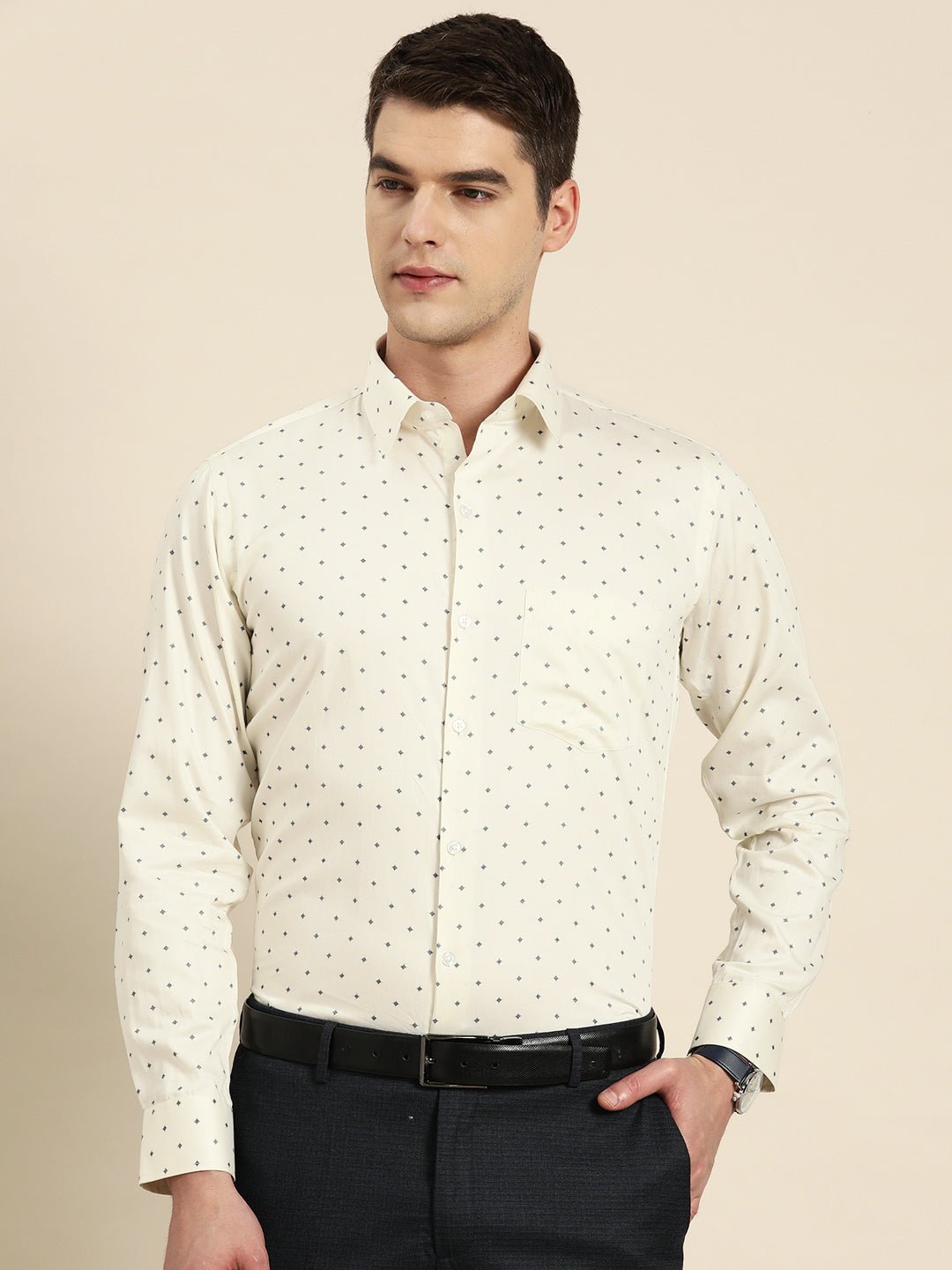 Men Cream Print Pure Cotton Slim fit Party Shirt - #folk republic#