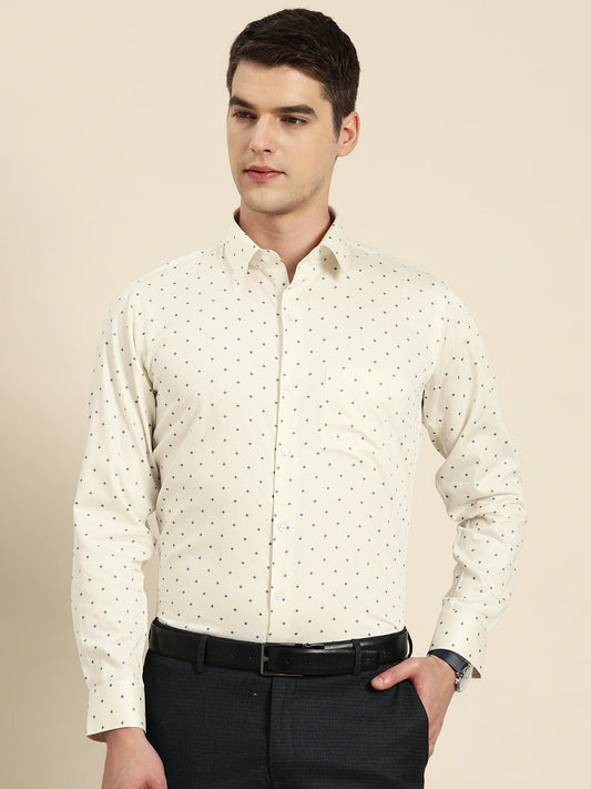 Men Cream Print Pure Cotton Slim fit Party Shirt - #folk republic#