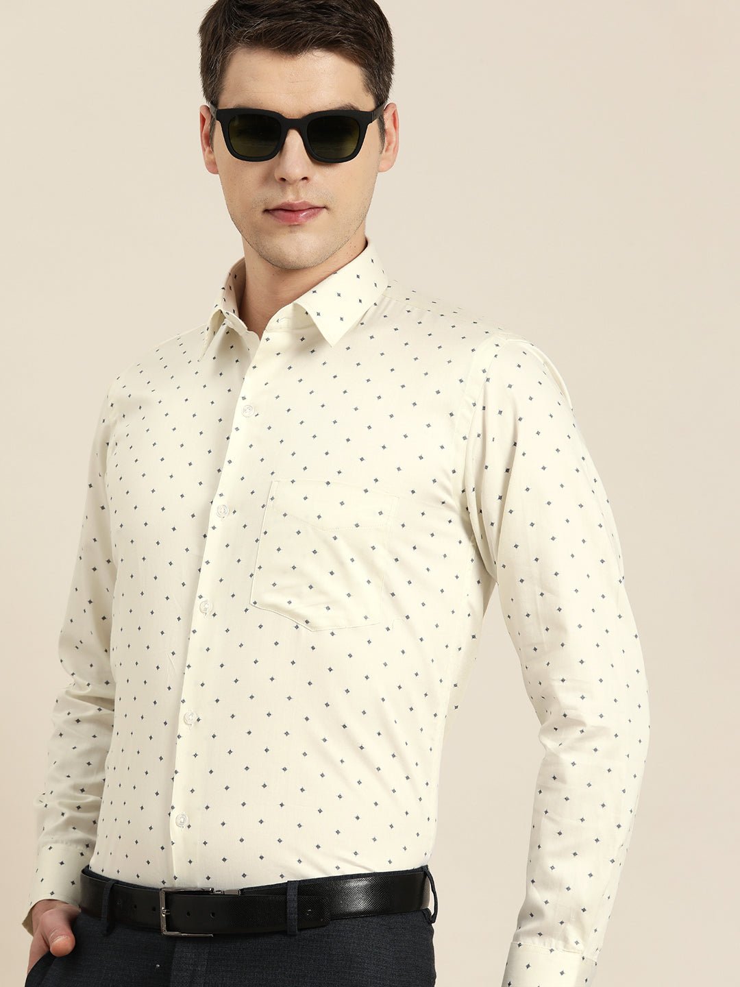 Men Cream Print Pure Cotton Slim fit Party Shirt - #folk republic#