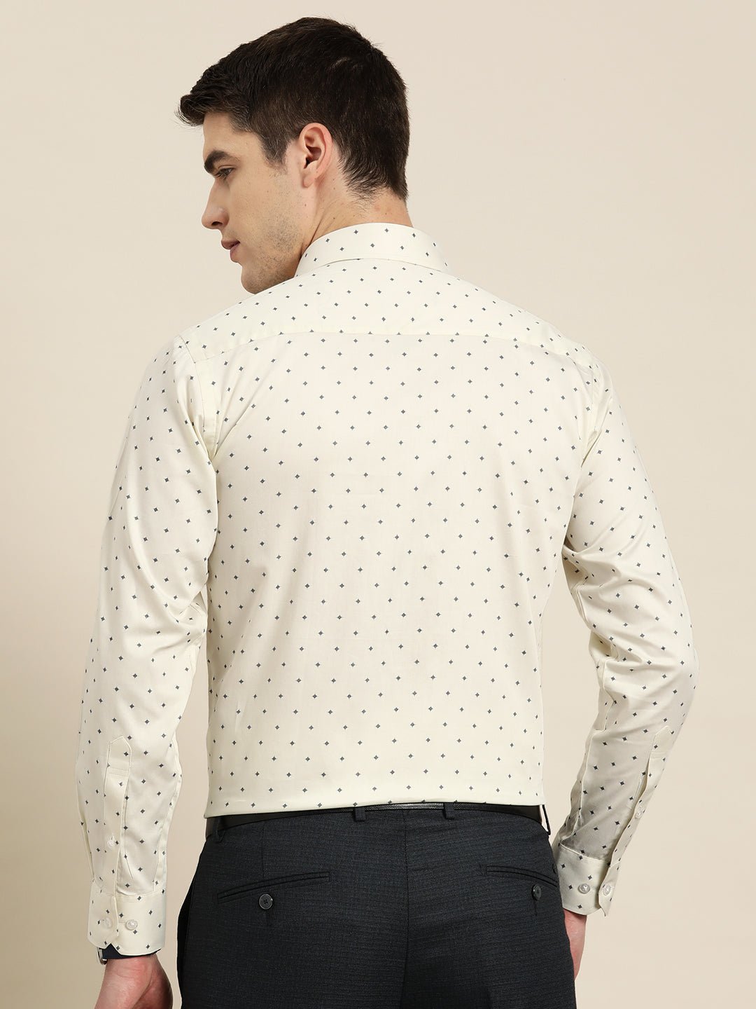 Men Cream Print Pure Cotton Slim fit Party Shirt - #folk republic#