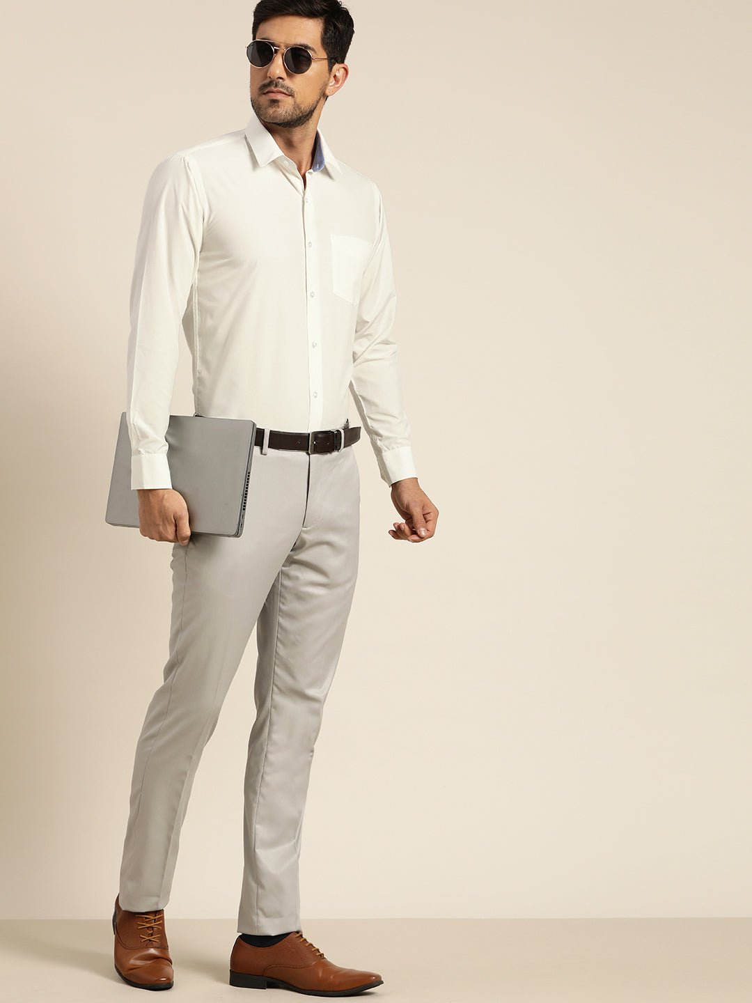 Men Cream Solids Slim Fit Formal Shirt - #folk republic#