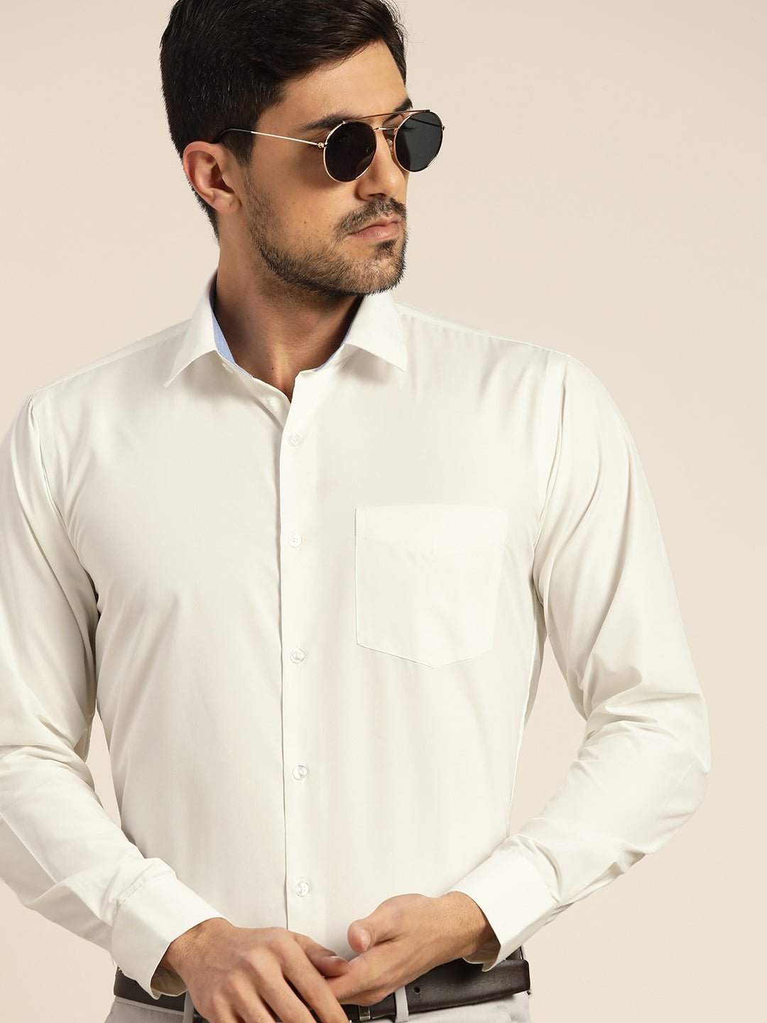 Men Cream Solids Slim Fit Formal Shirt - #folk republic#