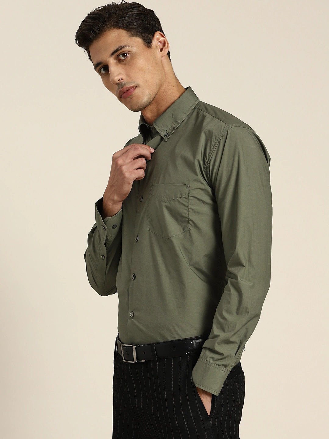 Men Dark Green Solids Pure Cotton Slim Fit Formal Shirt - #folk republic#