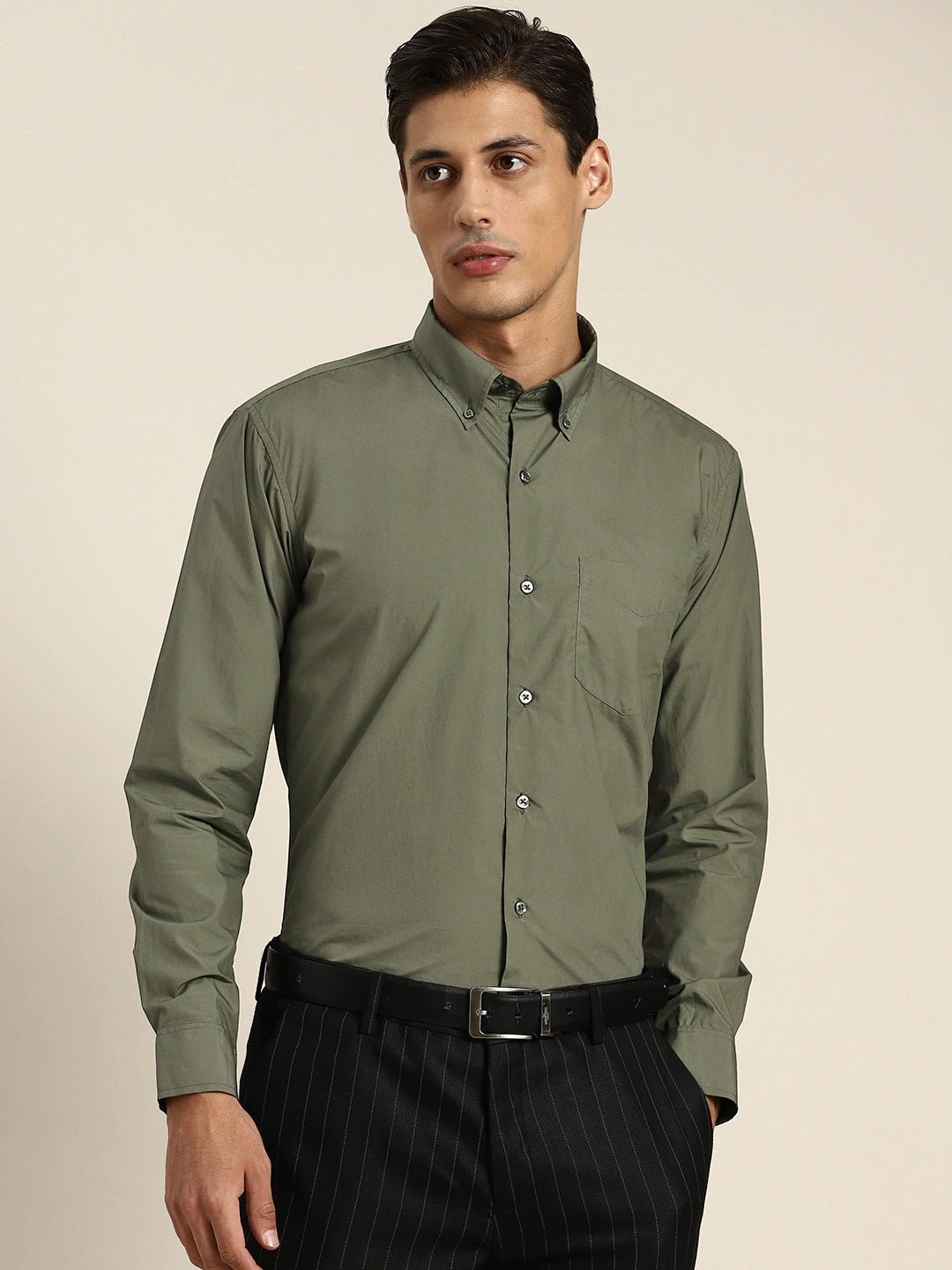 Men Dark Green Solids Pure Cotton Slim Fit Formal Shirt - #folk republic#