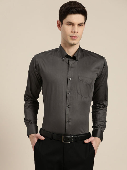 Men Dark Grey Solid Satin Pure Cotton Slim Fit Formal Shirt - #folk republic#