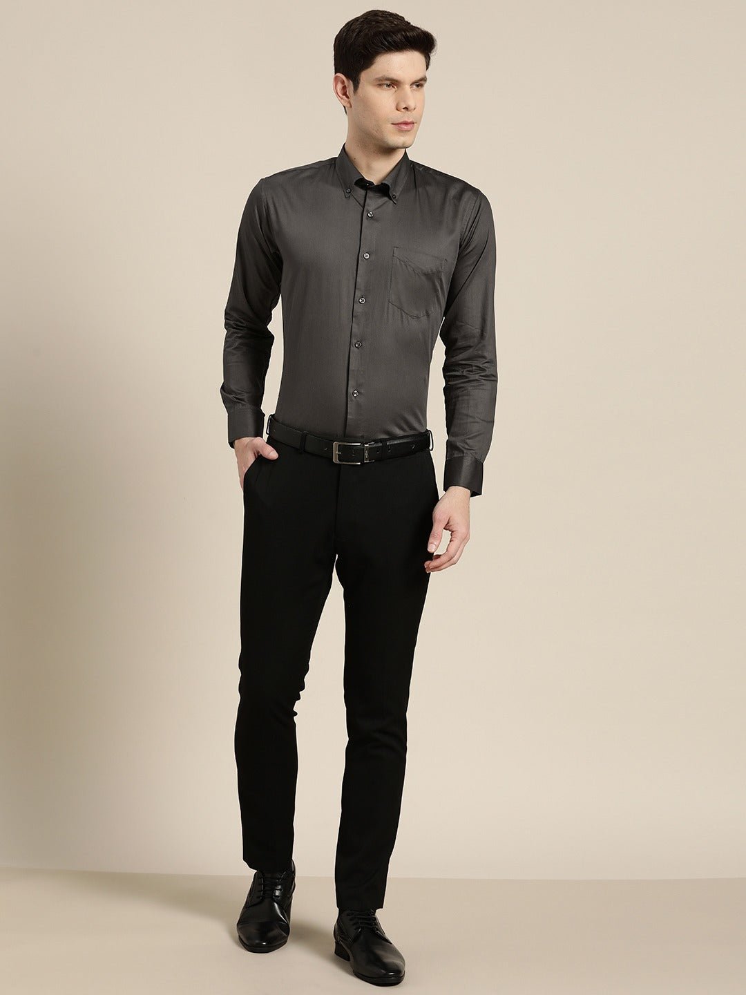 Men Dark Grey Solid Satin Pure Cotton Slim Fit Formal Shirt - #folk republic#