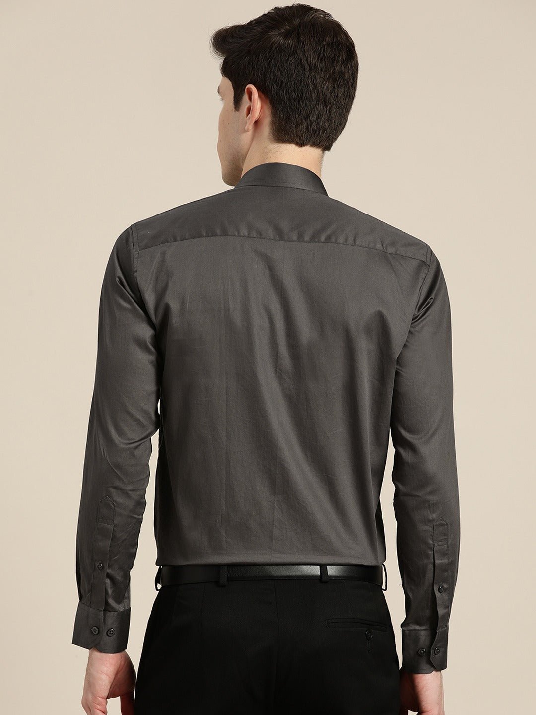 Men Dark Grey Solid Satin Pure Cotton Slim Fit Formal Shirt - #folk republic#