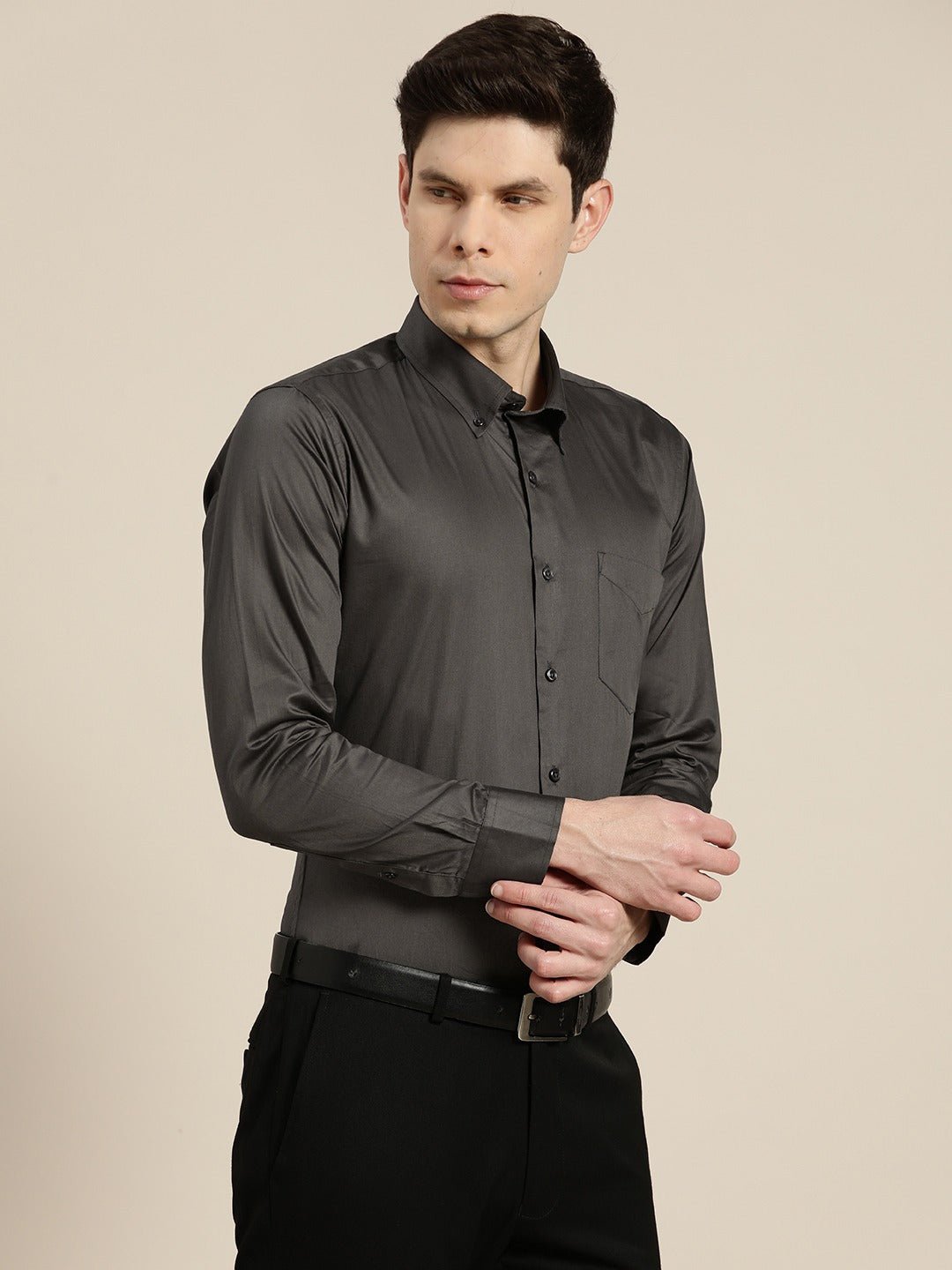 Men Dark Grey Solid Satin Pure Cotton Slim Fit Formal Shirt - #folk republic#