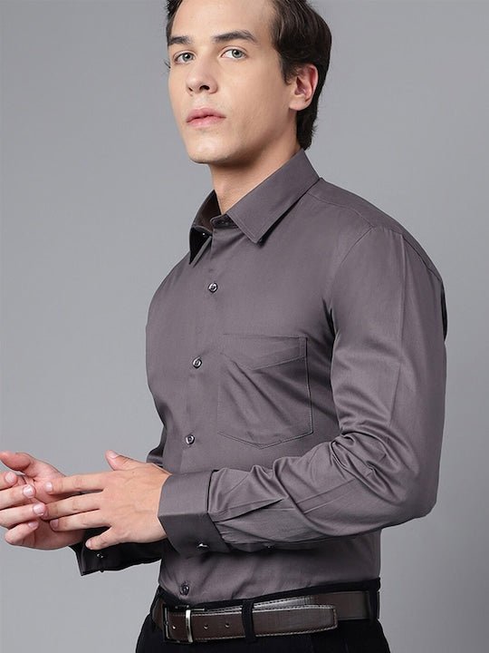 Men Dark Grey Solid Slim Fit French Cuff Pure Cotton Formal Shirt - #folk republic#