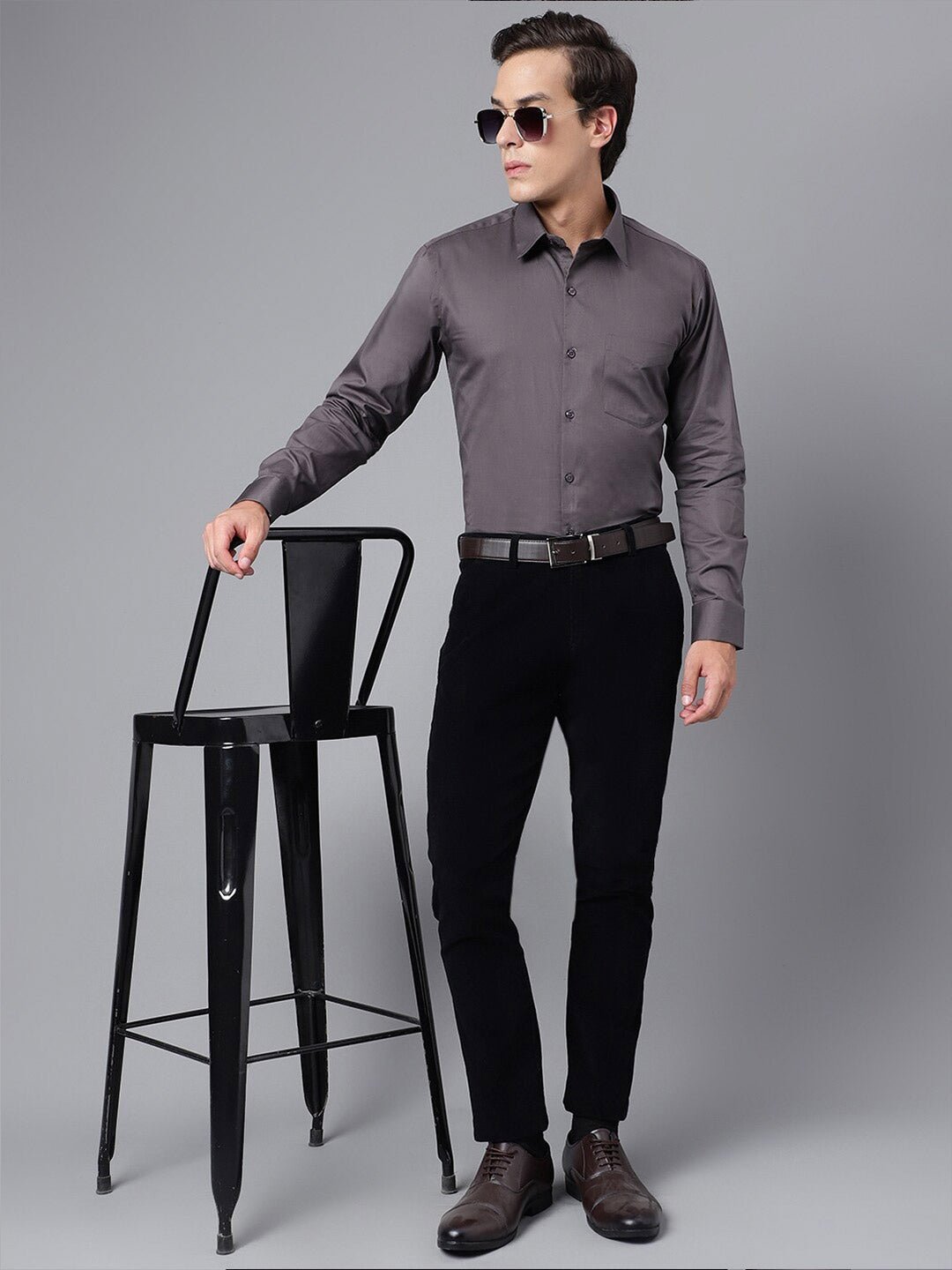 Men Dark Grey Solid Slim Fit French Cuff Pure Cotton Formal Shirt - #folk republic#