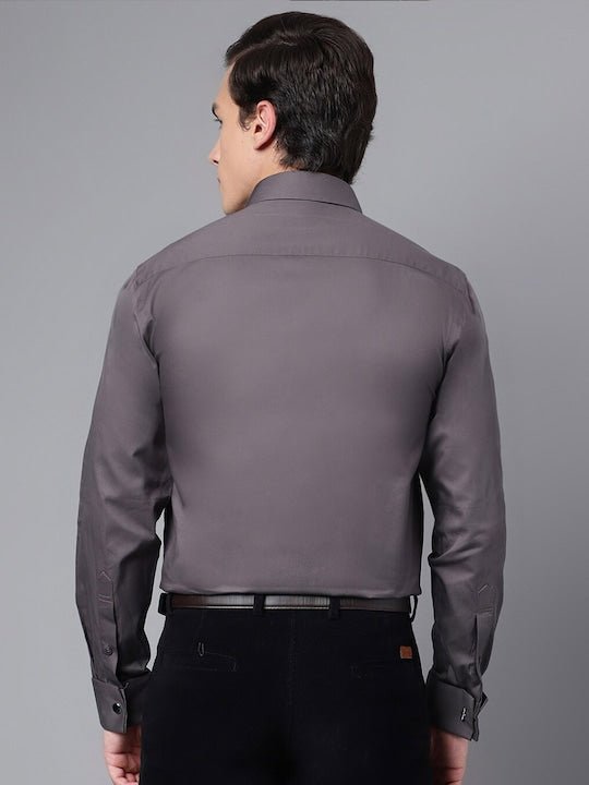 Men Dark Grey Solid Slim Fit French Cuff Pure Cotton Formal Shirt - #folk republic#
