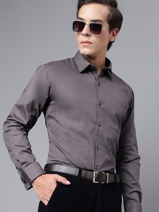 Men Dark Grey Solid Slim Fit French Cuff Pure Cotton Formal Shirt - #folk republic#