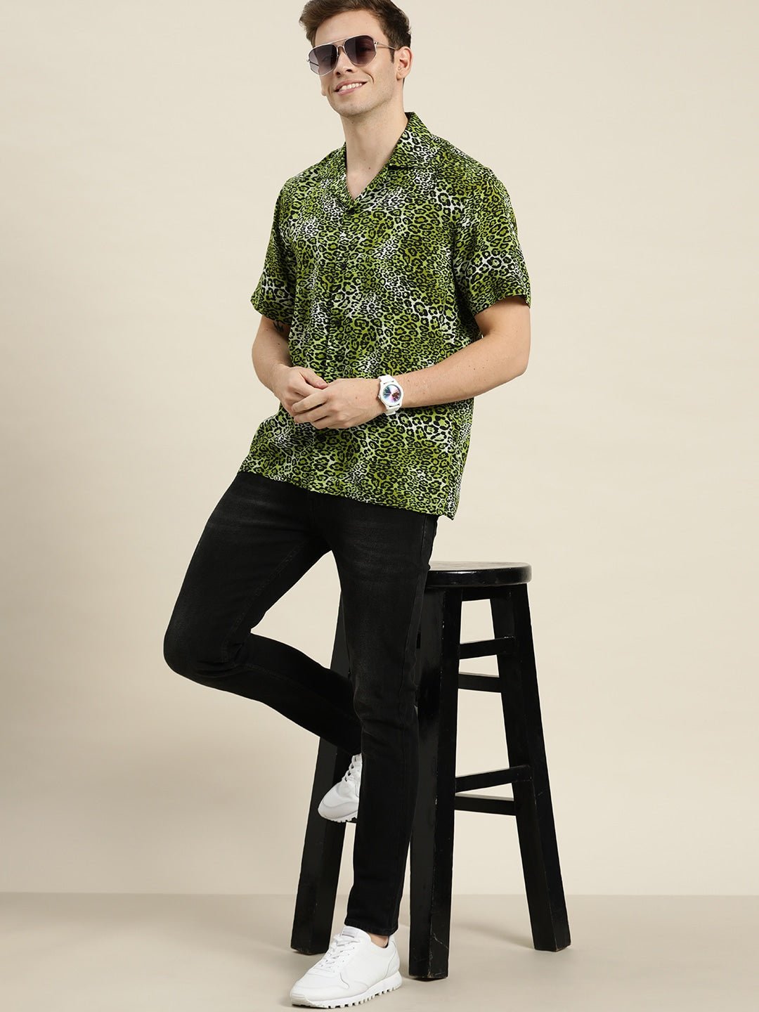 Men Green-Black Prints Viscose Rayon Relaxed Fit Casual Resort Shirt - #folk republic#