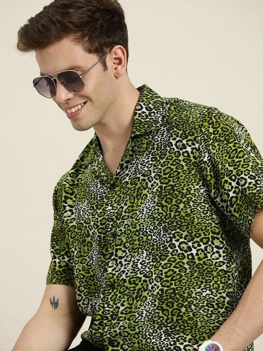 Men Green-Black Prints Viscose Rayon Relaxed Fit Casual Resort Shirt - #folk republic#