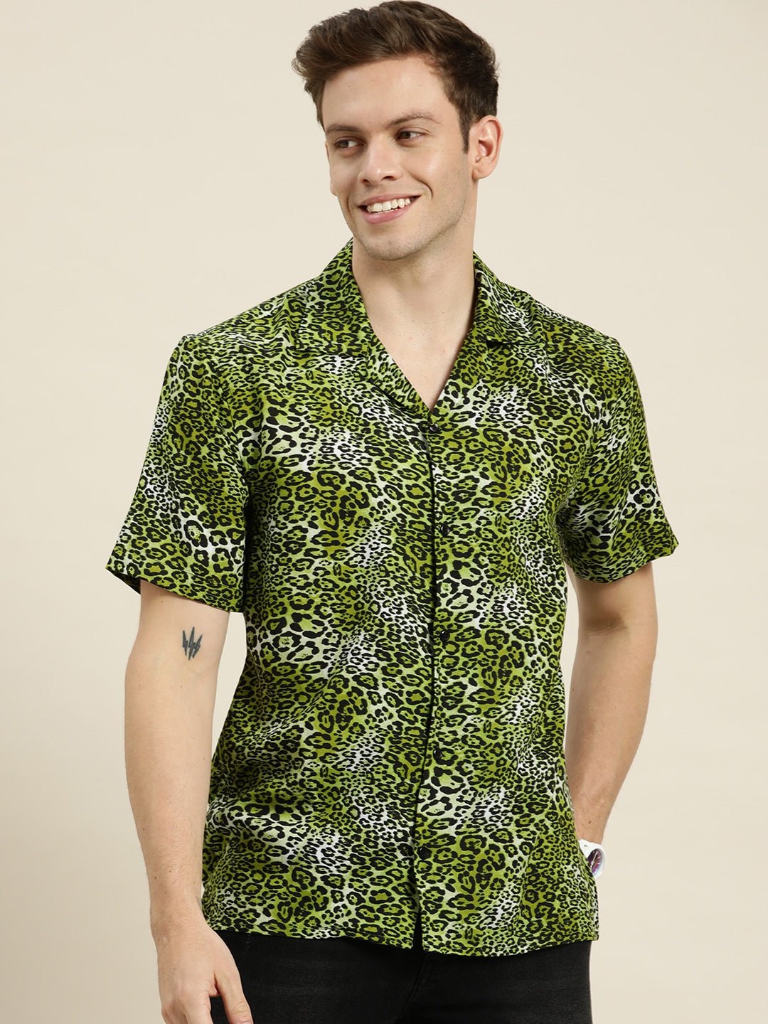Men Green-Black Prints Viscose Rayon Relaxed Fit Casual Resort Shirt - #folk republic#