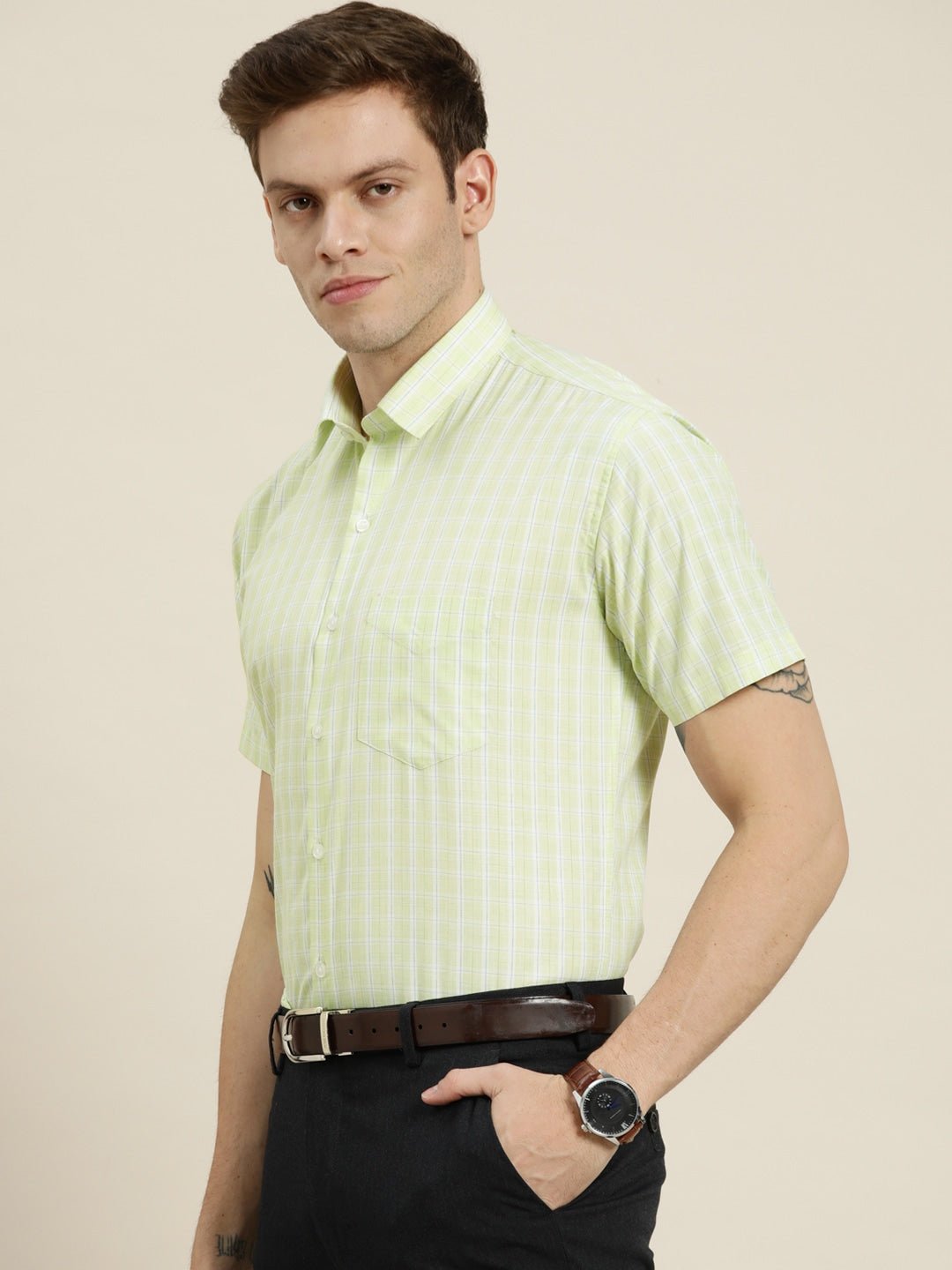 Men Green Checks Cotton Rich Slim Fit Formal Shirt - #folk republic#