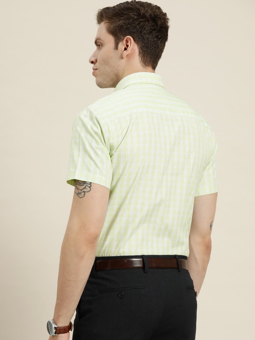 Men Green Checks Cotton Rich Slim Fit Formal Shirt - #folk republic#