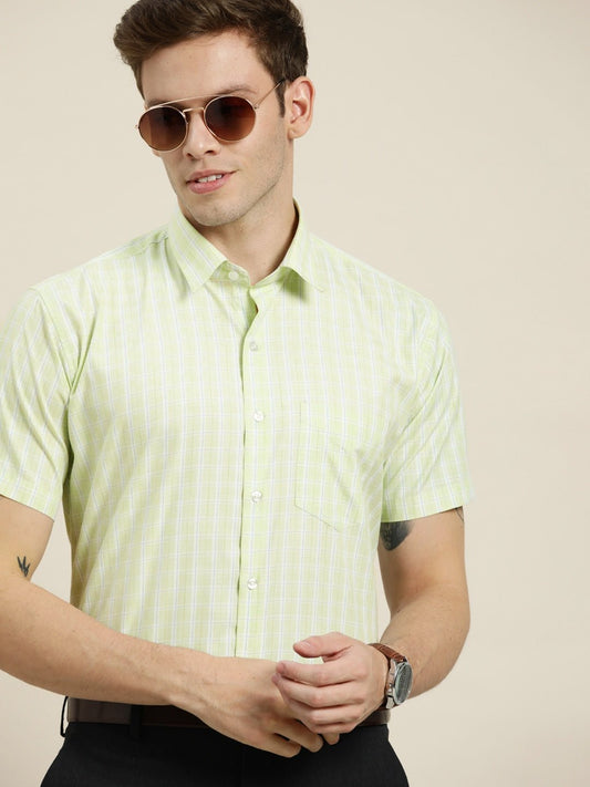 Men Green Checks Cotton Rich Slim Fit Formal Shirt - #folk republic#
