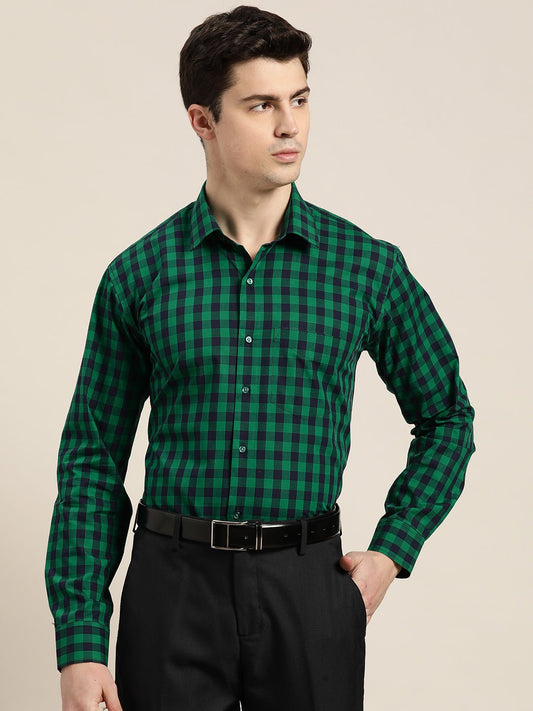 Men Green & Navy Checks Pure Cotton Slim fit Formal Shirt - #folk republic#
