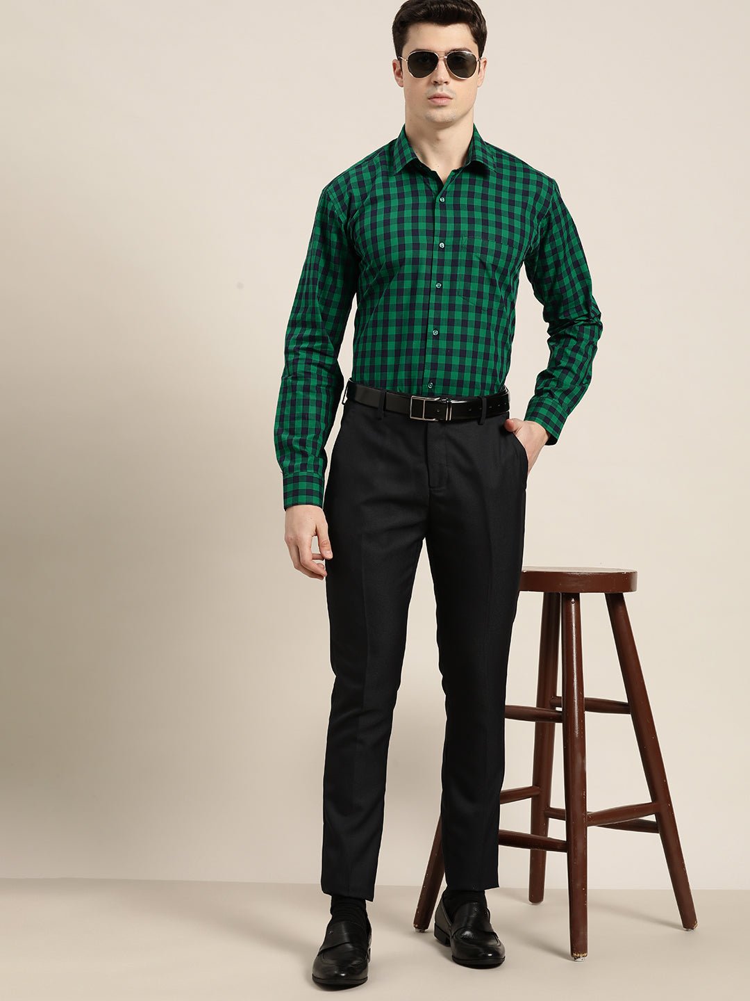 Men Green & Navy Checks Pure Cotton Slim fit Formal Shirt - #folk republic#