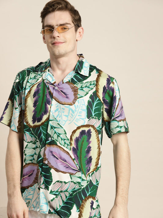 Men Green & Purple Print Viscose Rayon Relaxed Fit Casual Resort Shirt - #folk republic#