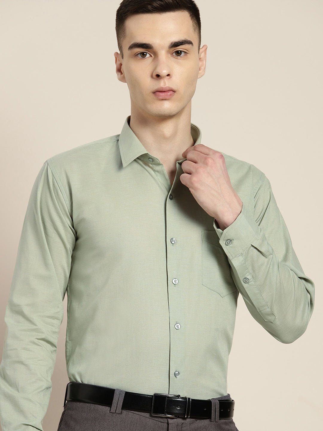 Men Green Solid Linen Cotton Slim fit Formal Shirt - #folk republic#