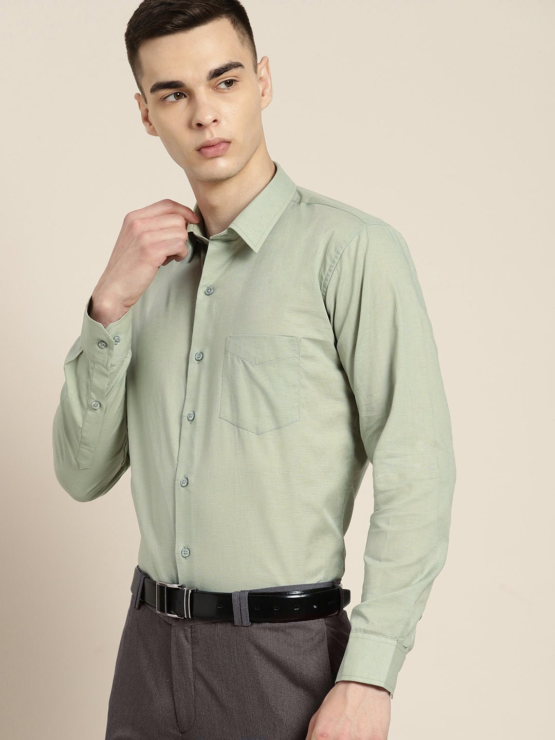 Men Green Solid Linen Cotton Slim fit Formal Shirt - #folk republic#