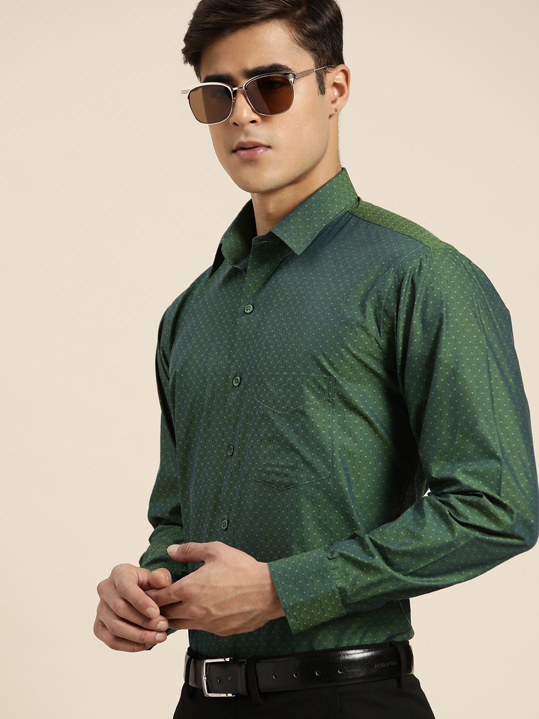 Men Green Solid Pure Cotton Slim fit Formal Shirt - #folk republic#