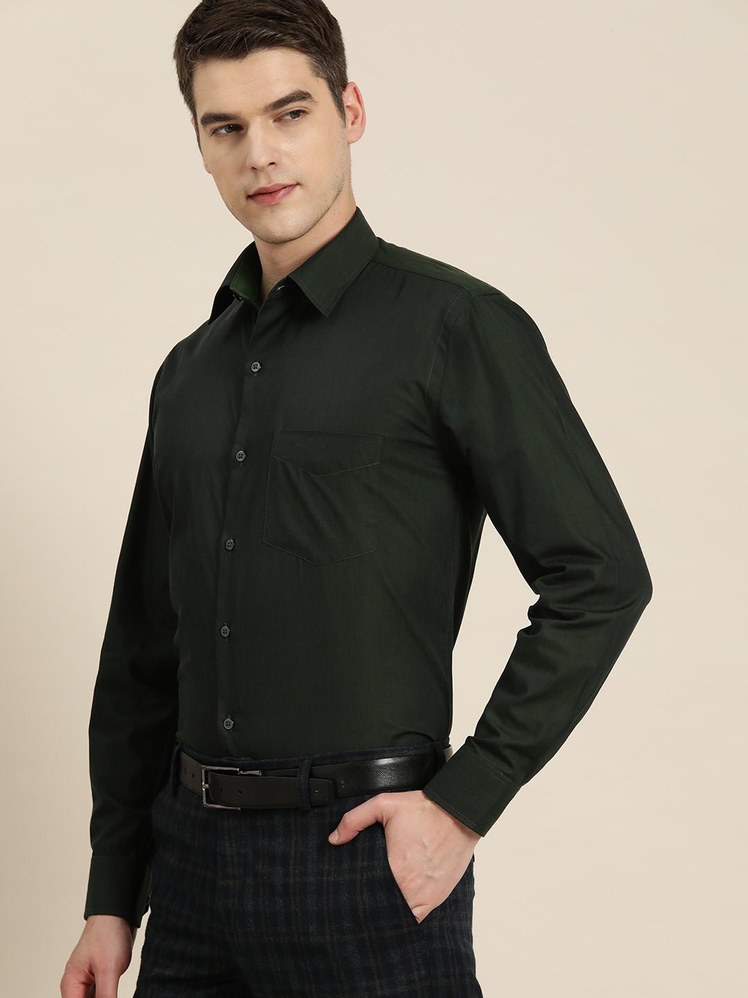 Men Green Solid Pure Cotton Slim fit Formal Shirt - #folk republic#