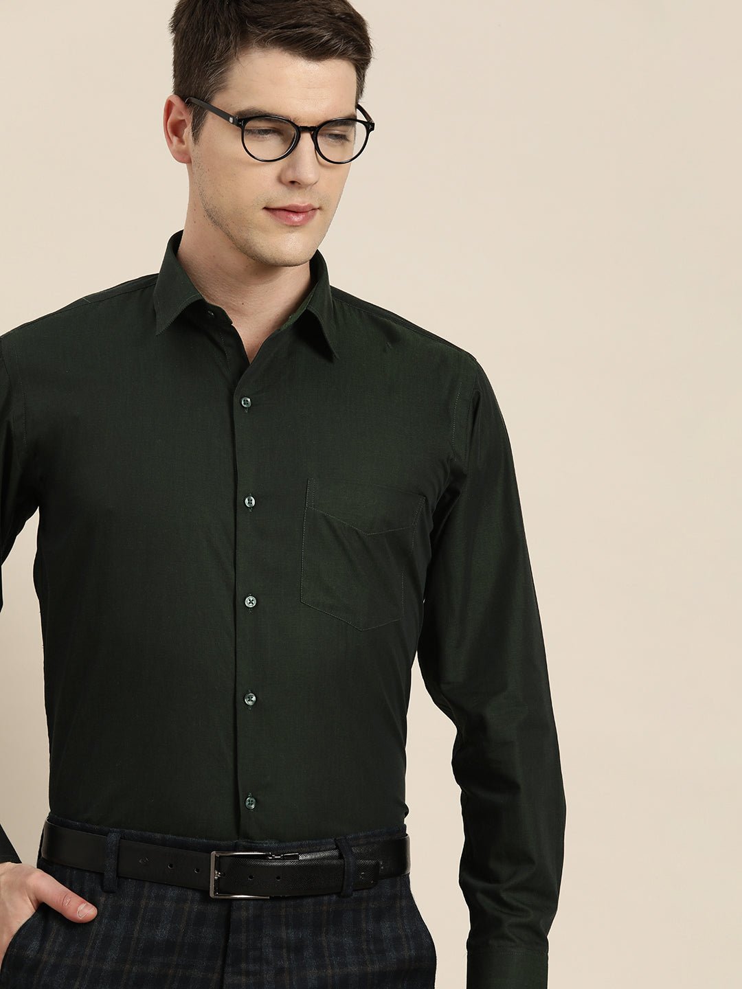 Men Green Solid Pure Cotton Slim fit Formal Shirt - #folk republic#