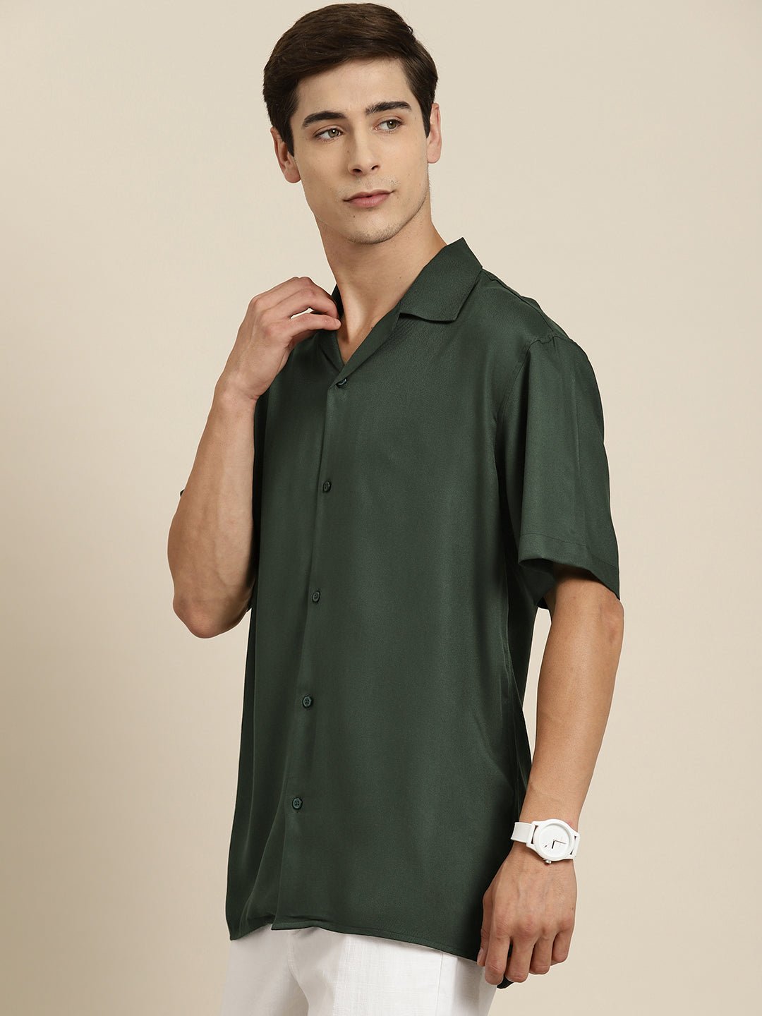 Men Green Solid Viscose Rayon Relaxed Fit Casual Resort Shirt - #folk republic#