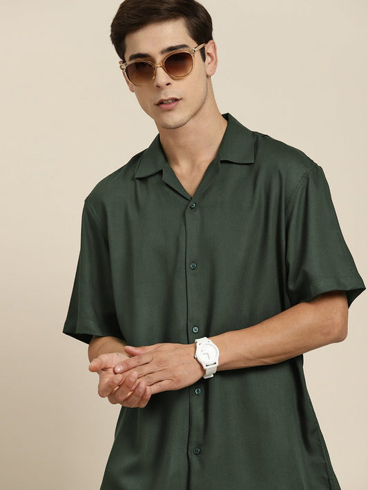 Men Green Solid Viscose Rayon Relaxed Fit Casual Resort Shirt - #folk republic#