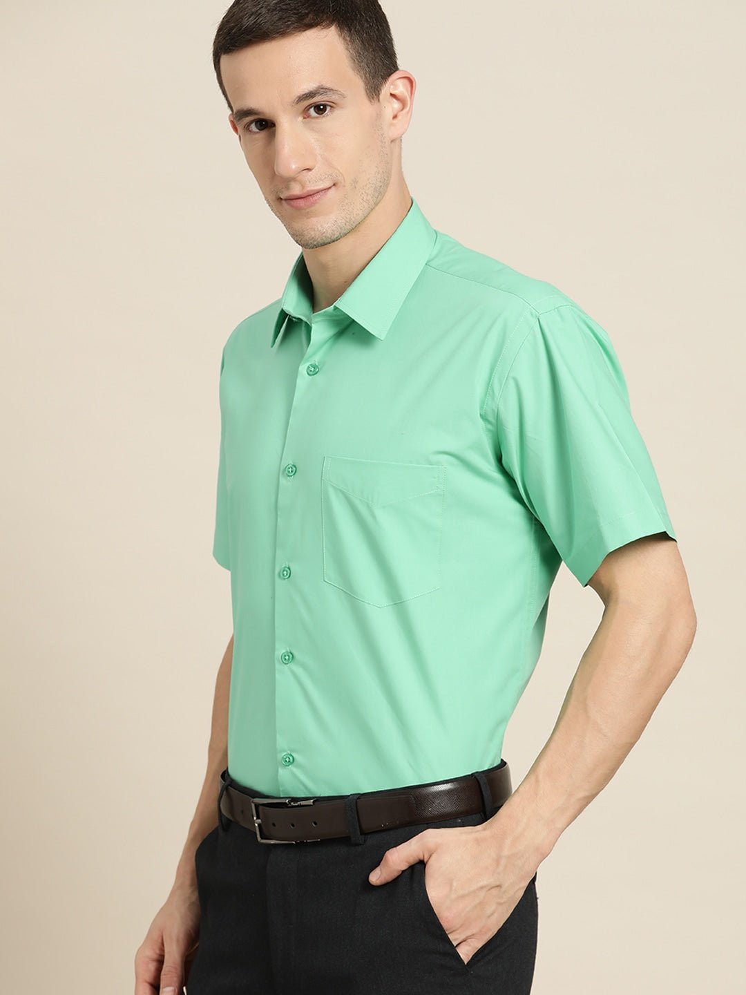 Men Green Solids Pure Cotton Slim Fit Formal Shirt - #folk republic#