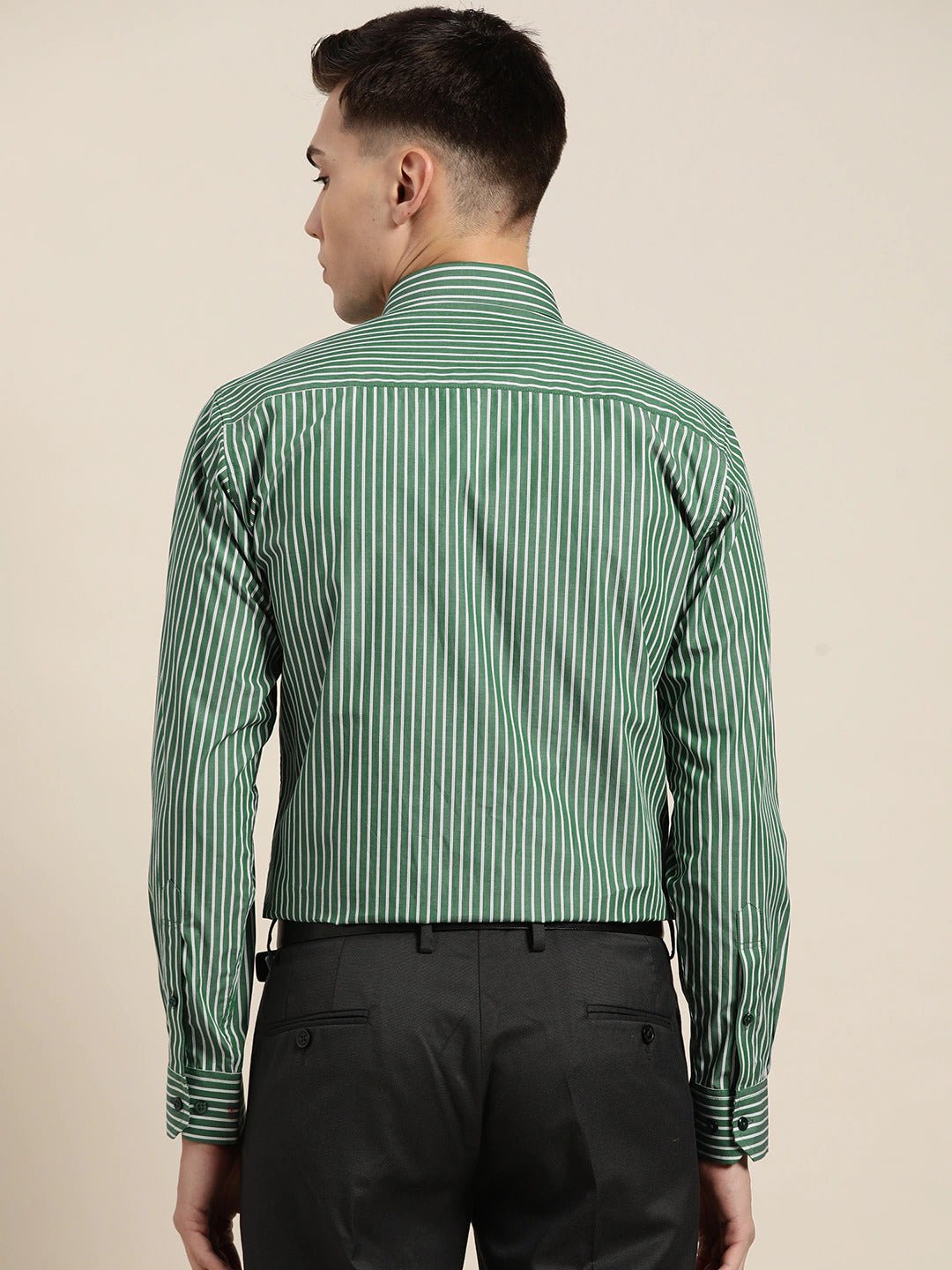 Men Green Stripes Pure Cotton Slim Fit Formal Shirt - #folk republic#