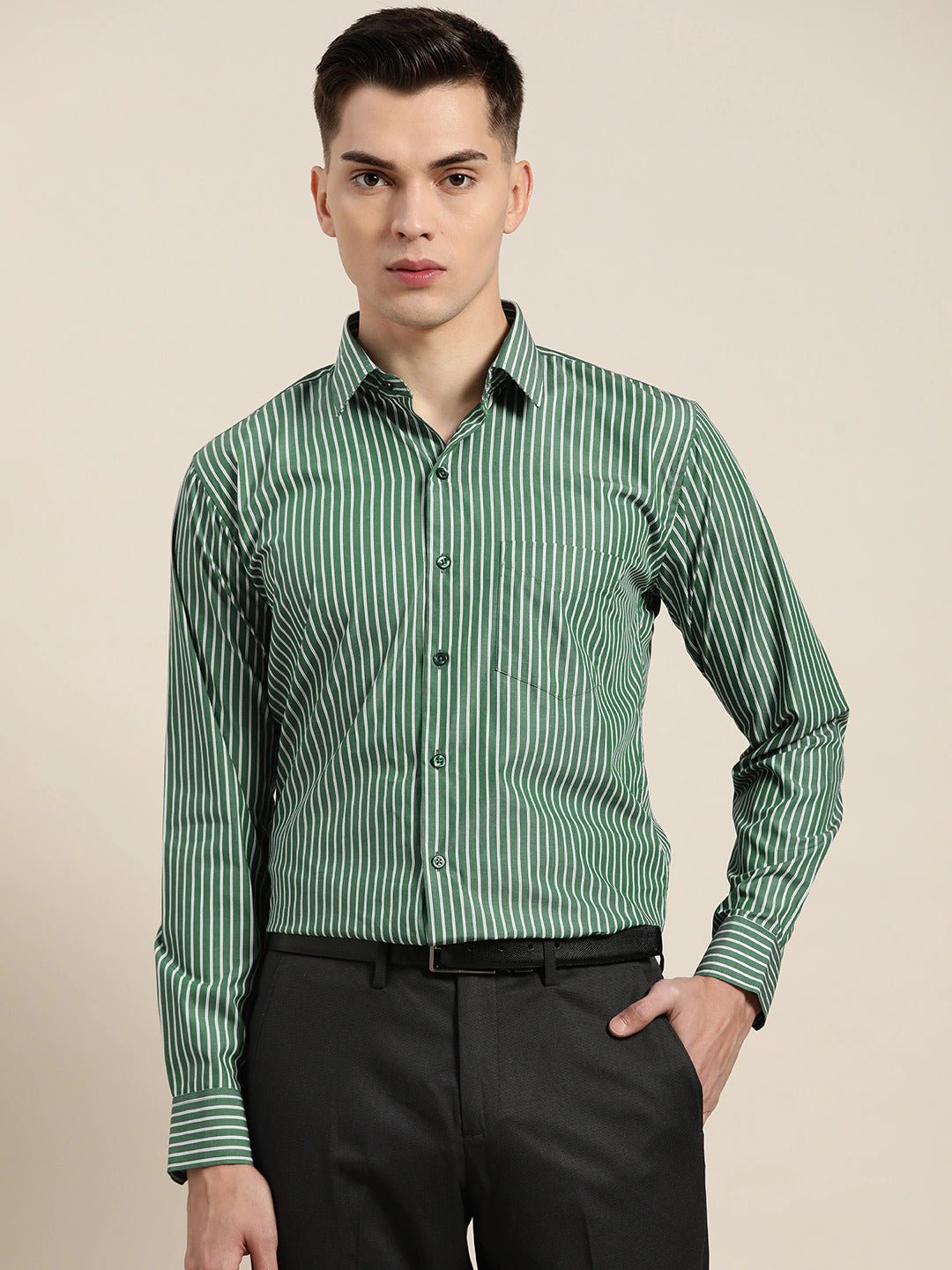 Men Green Stripes Pure Cotton Slim Fit Formal Shirt - #folk republic#