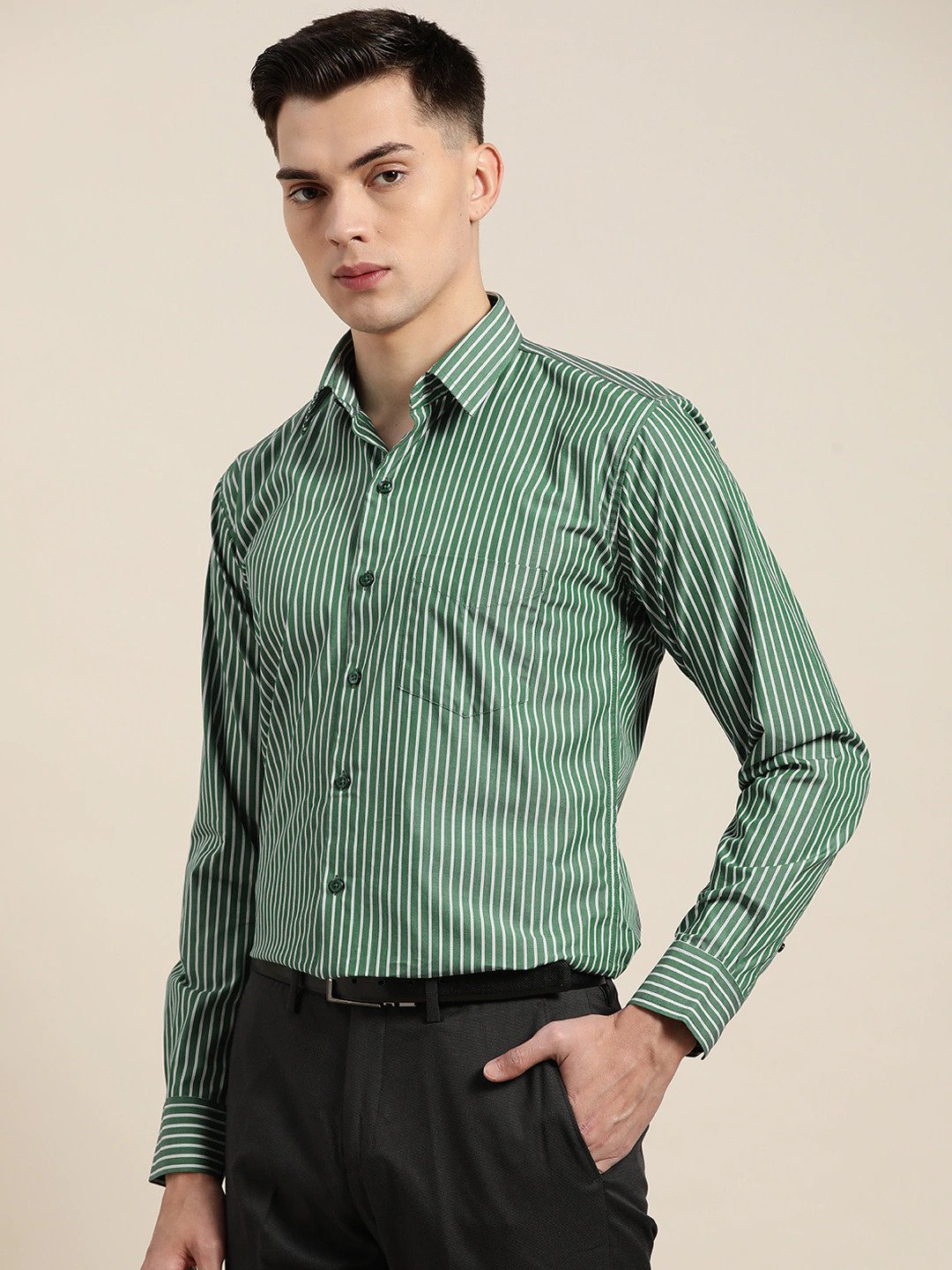 Men Green Stripes Pure Cotton Slim Fit Formal Shirt - #folk republic#