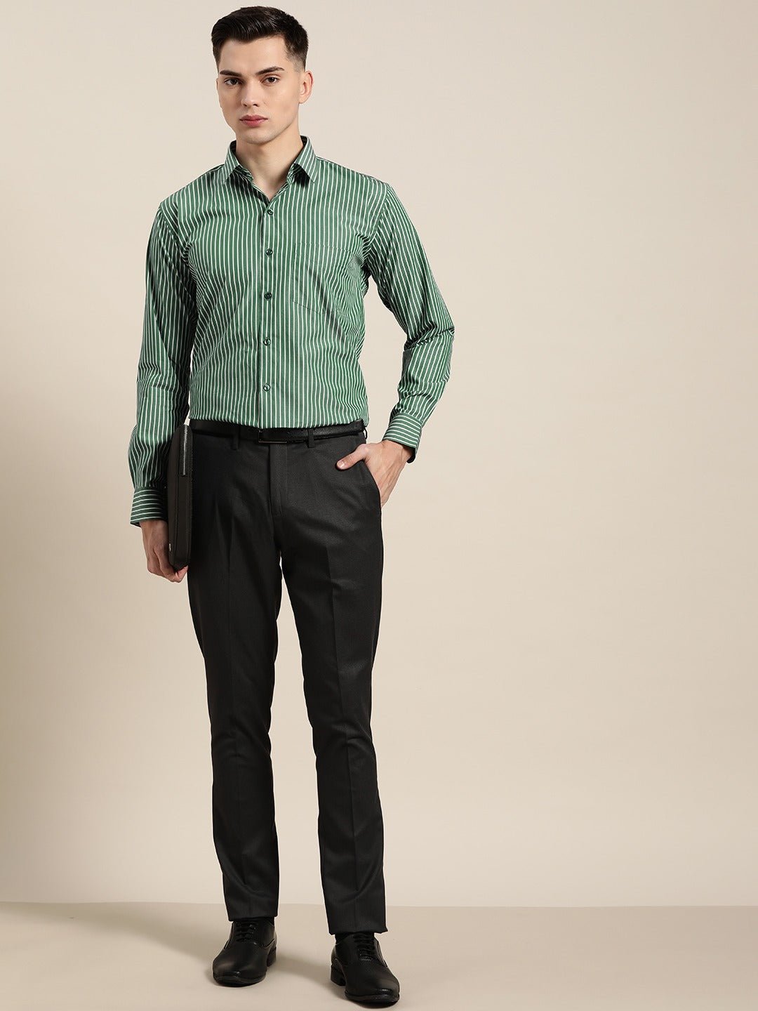Men Green Stripes Pure Cotton Slim Fit Formal Shirt - #folk republic#